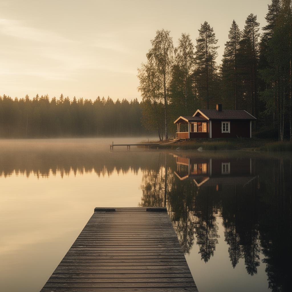 Suomalainen järvimaisema ja mökki illan valossa